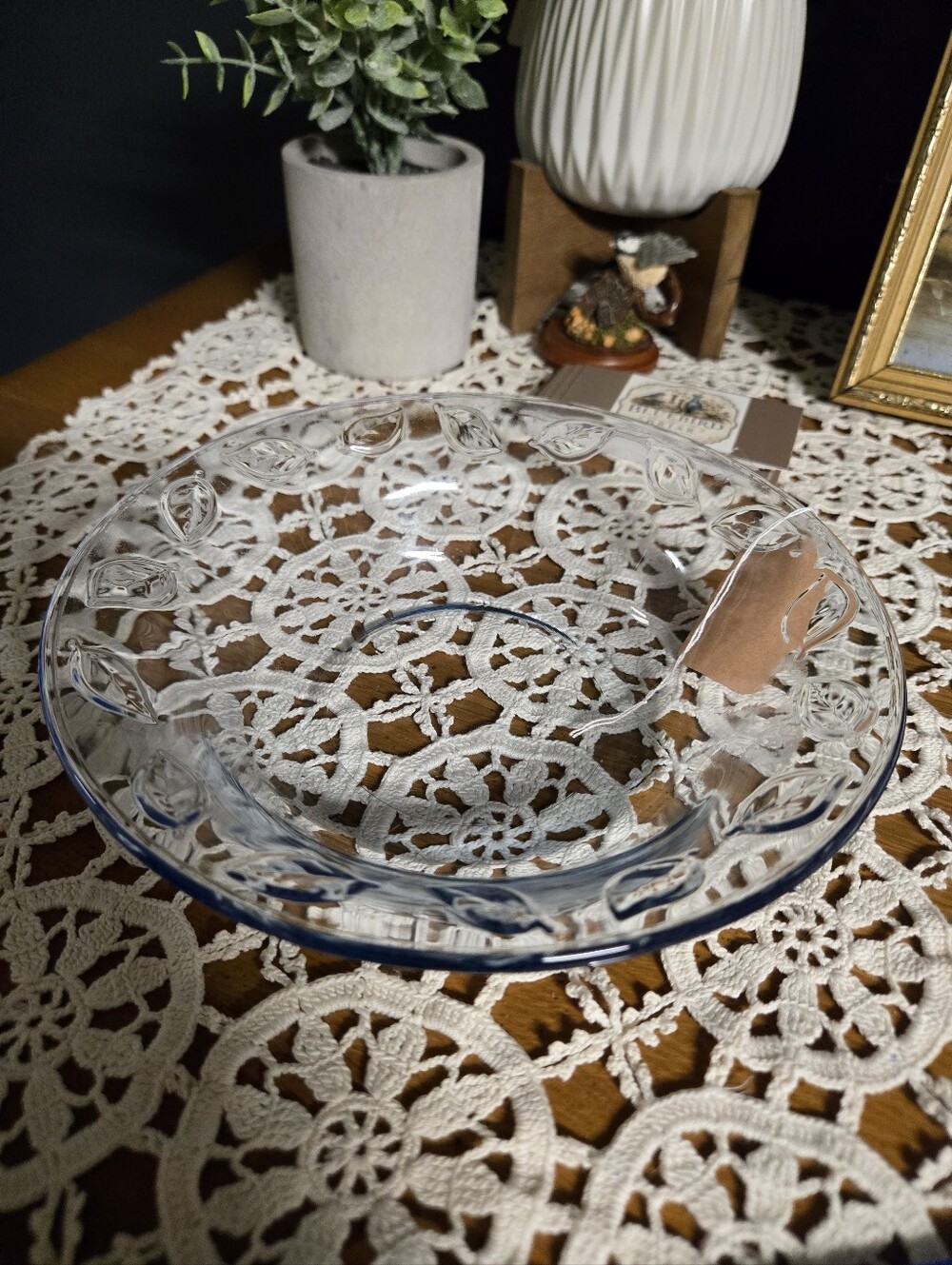 Light Blue Pressed Glass Leaf Pattern Serving Bowl
